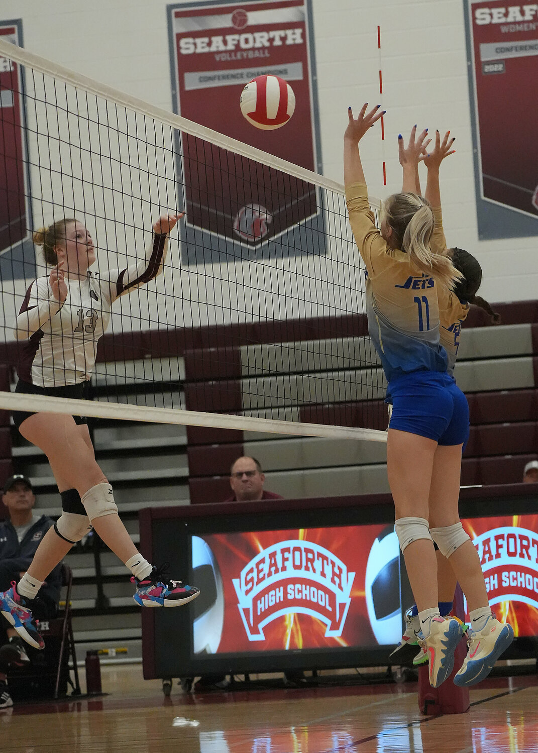 Seaforth’s Keira Rosenmarkle (13) returns the ball during the opening round of the state playoffs. Seaforth beat Jordan-Matthews to advance to the next round as Rosenmarkle led the way with 19 kills.